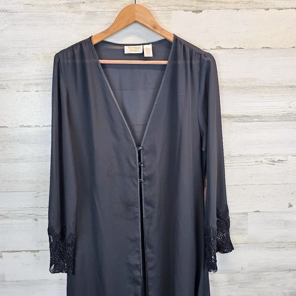 Vintage Victoria's Secret Semi-Sheer Full Length Robe M L Black Dark Romantic